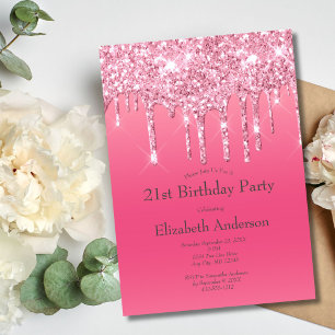 Invitación Cumpleaños 21 Glitter Chic Femenino Rosa Goteante