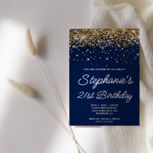 Invitación Cumpleaños 21 Glitter Dorado Medianoche Azul