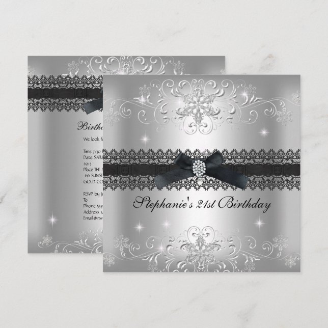 Invitación Cumpleaños 21 Glitter Gris Plata (Anverso / Reverso)