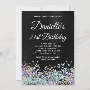 Invitación Cumpleaños 21 Glitter Holo Ombre Negro Femenino