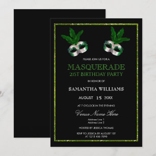 Invitación Cumpleaños 21 Glitzy Green Glitters Mascarada