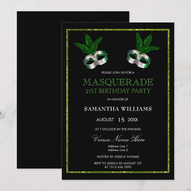 Invitación Cumpleaños 21 Glitzy Green Glitters Mascarada (Anverso / Reverso)