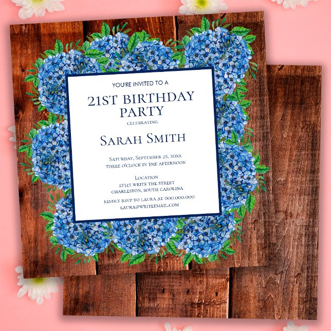 Invitación Cumpleaños 21 Hortensias Azules de Madera Fiesta R (Subido por el creador)