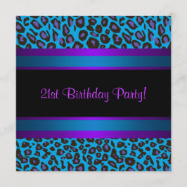 Invitación Cumpleaños 21 Hot Pink Teal Azul Púrpura Leopardo