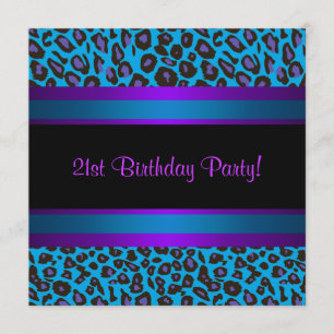 Invitación Cumpleaños 21 Hot Pink Teal Azul Púrpura Leopardo