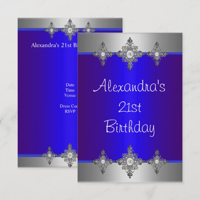 Invitación Cumpleaños 21 Joya Azul Elegante Plata (Anverso / Reverso)