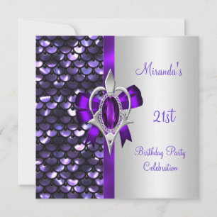 Invitación Cumpleaños 21 lentejuelas plateadas lazo diamante 