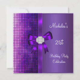 Invitación Cumpleaños 21 lentejuelas púrpura diamante lazo