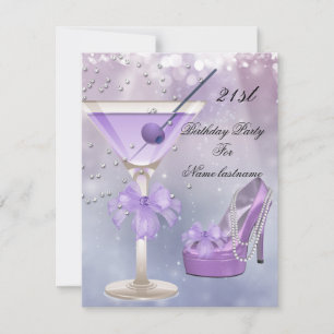 Invitación Cumpleaños 21 Lila Blanco Martini Morado