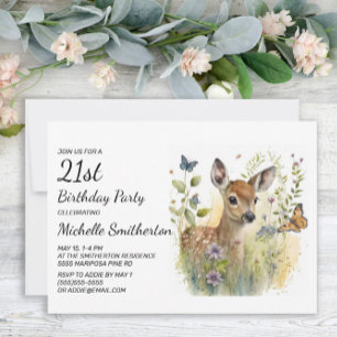 Invitación Cumpleaños 21 Mariposa Foliaje Floral Ciervo Bebe