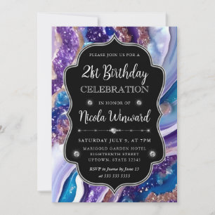Invitación Cumpleaños 21 Mármol Ágata Brillo Azul y Púrpura