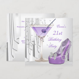 Invitación Cumpleaños 21 Martini Lila Blanca Zapato Perla
