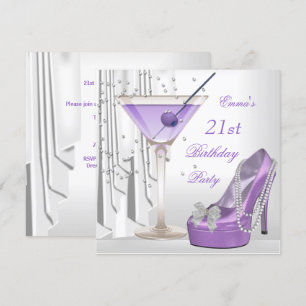 Invitación Cumpleaños 21 Martini Lila Blanca Zapato Perla