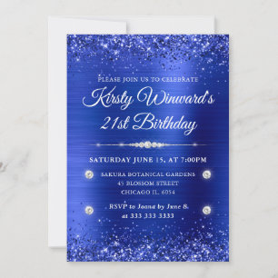 Invitación Cumpleaños 21 Metal Brillado Azul y Brillo
