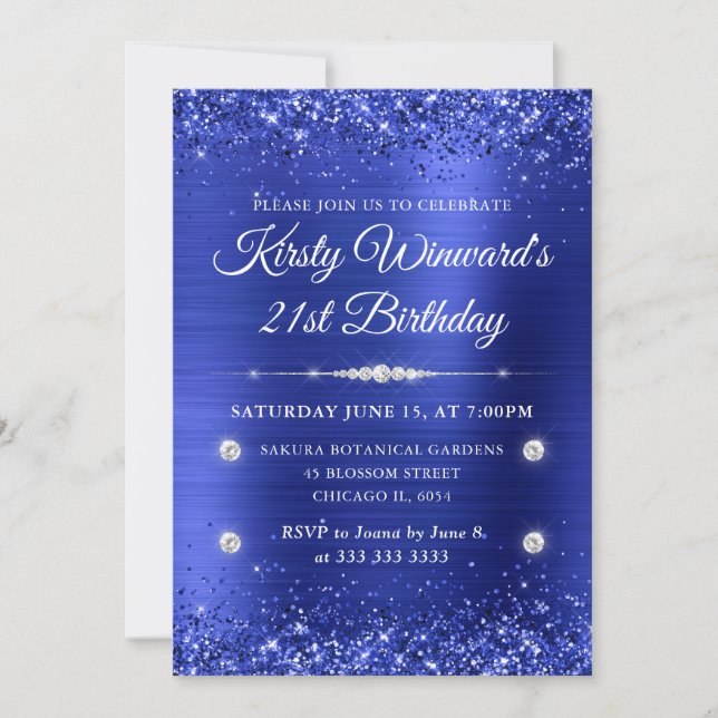 Invitación Cumpleaños 21 Metal Brillado Azul y Brillo (Anverso)