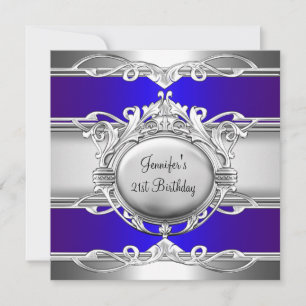 Invitación Cumpleaños 21 Metal Cromado Azul Placa de Plata