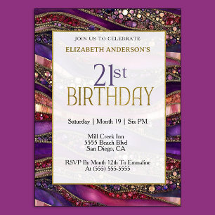 Invitación Cumpleaños 21 Moderno con Estratos de Oro y Joyas 