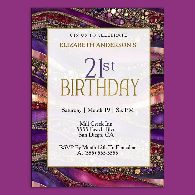 Invitación Cumpleaños 21 Moderno con Estratos de Oro y Joyas  (Luxury purple and gold 21st birthday invitation with jeweled marble design and elegant style.
)