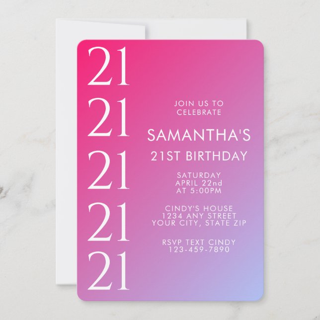 Invitación Cumpleaños 21 moderno y atrevido con gradiente ros (Anverso)