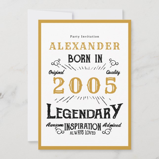 Invitación Cumpleaños 21 Nacido en 2005 Leyenda de Oro Blanco (Anverso)