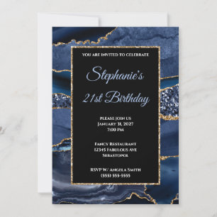 Invitación Cumpleaños 21 Navy Agate Gold Glitter Glam