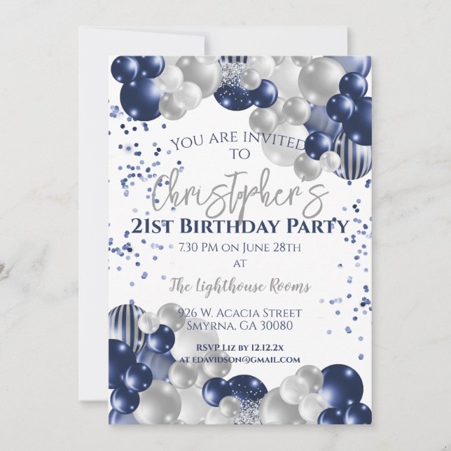 Invitación Cumpleaños 21 Navy Balloons (Anverso)