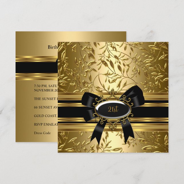 Invitación Cumpleaños 21 Negro Floral Dorado 2 (Anverso / Reverso)