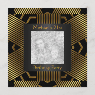 Invitación Cumpleaños 21 Negro Raya Dorada Agregar Foto