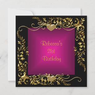 Invitación Cumpleaños 21 Negro Rosa Profundo Brillante Dorado