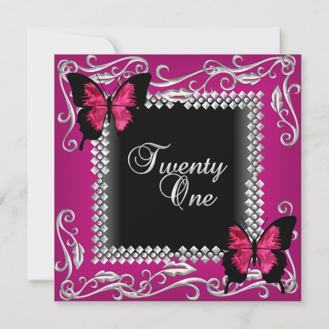 Invitación Cumpleaños 21 Pink Black Mariposas Plata (Anverso)