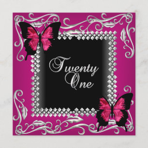 Invitación Cumpleaños 21 Pink Black Mariposas Plata
