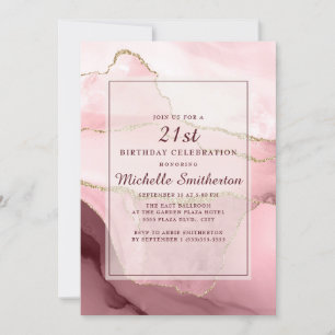 Invitación Cumpleaños 21 Pink Burgundy Gold Mármol Ágata