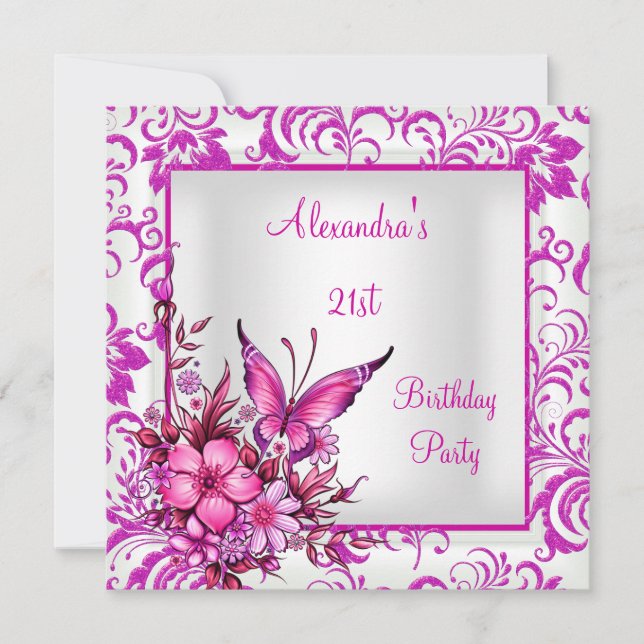 Invitación Cumpleaños 21 Pink Floral Butterfly Plata Blanco (Anverso)