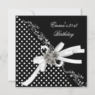 Invitación Cumpleaños 21 Polca Puntos Negro Blanco Lazo