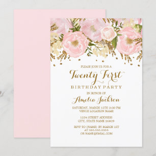 Invitación Cumpleaños 21 Pretty Blush Pink Gold Floral