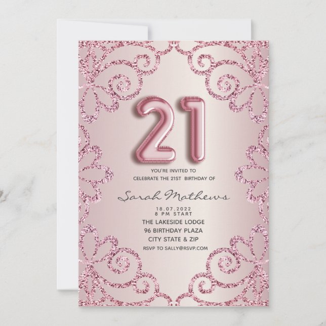 Invitación Cumpleaños 21 Princesa Brillo Rosa  (Anverso)