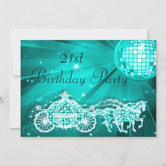 Invitación Cumpleaños 21 Princesa Carruaje & Caballos & Bola  (Anverso)