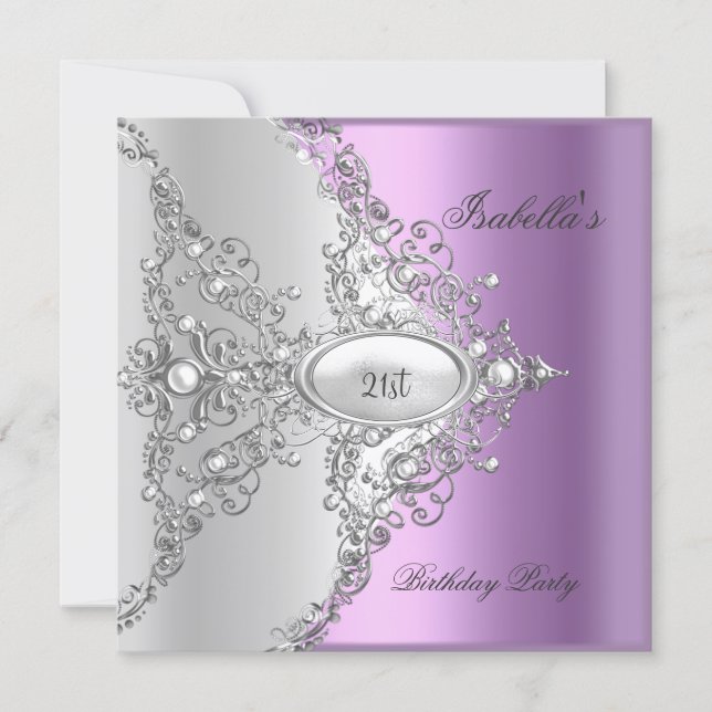 Invitación Cumpleaños 21 Purple Lilac Plata Blanco (Anverso)