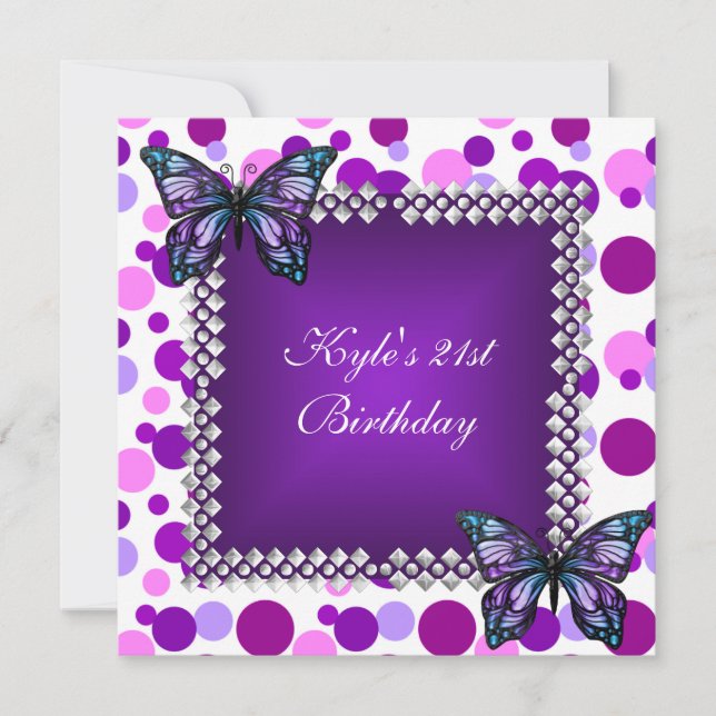 Invitación Cumpleaños 21 Purple Spot Mariposas Plata (Anverso)