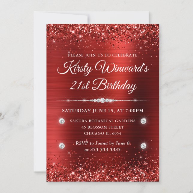 Invitación Cumpleaños 21 Rojo con Metal Cepillado y Brillo (Anverso)
