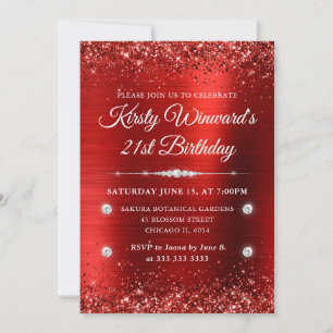 Invitación Cumpleaños 21 Rojo con Metal Cepillado y Brillo