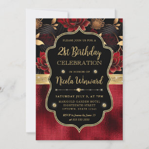 Invitación Cumpleaños 21 Rojo Negro y Dorado Floral Mármol