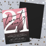 Invitación Cumpleaños 21 Rosa Negro Moderno<br><div class="desc">Invitación de cumpleaños número 21 rosa y negro. Celebre cumplir veintiuno con estilo con este diseño atrevido y elegante. La mitad superior presenta un gran "21" blanco con un " Cheers" negro escrito a mano y descarado superpuesto, que se destaca contra un fondo rosa que se desvanece en un gradiente...</div>
