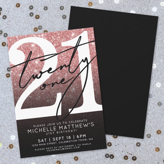 Invitación Cumpleaños 21 Rosa Negro Moderno Brillante (Pink Black Modern Glitter 21st Birthday Invitation )