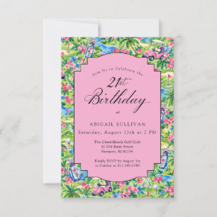 Invitación Cumpleaños 21 Rosa Verde Impresión Golf Preppy