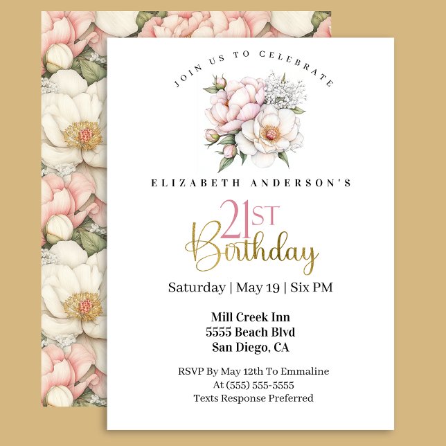 Invitación Cumpleaños 21 Rosado Flor de Peonía Hermoso Rubor (Subido por el creador)