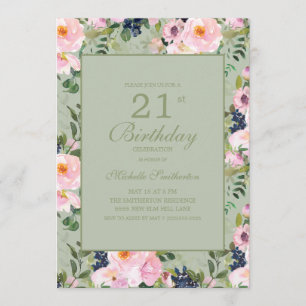 Invitación Cumpleaños 21 Rosado Floral Verde Menta
