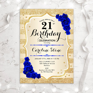 Invitación Cumpleaños 21 - Rosas Azules Reales Rayas Doradas