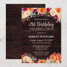 Invitación Cumpleaños 21 Rustico de Otoño Naranja Flor de Cal