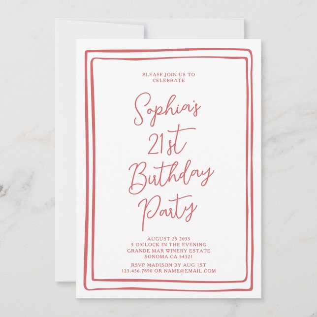 Invitación Cumpleaños 21 Simple Letra Roja Dibujada a Mano (Anverso)
